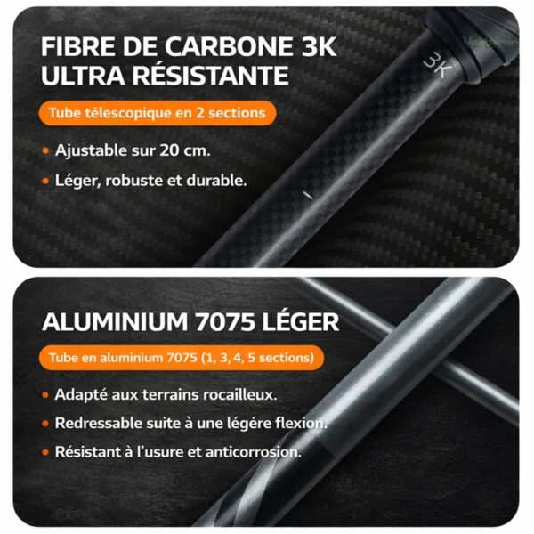Bâton de randonnée en carbone, optimisé pour la performance